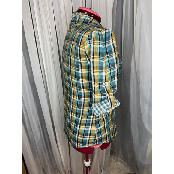 Blouse button down plaid beaded collar blue mustard - Picture 5 of 6